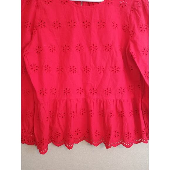 Madewell Top Women's Small Red Scalloped Eyelet Keyhole Peplum Back Top Ties - Picture 6 of 6